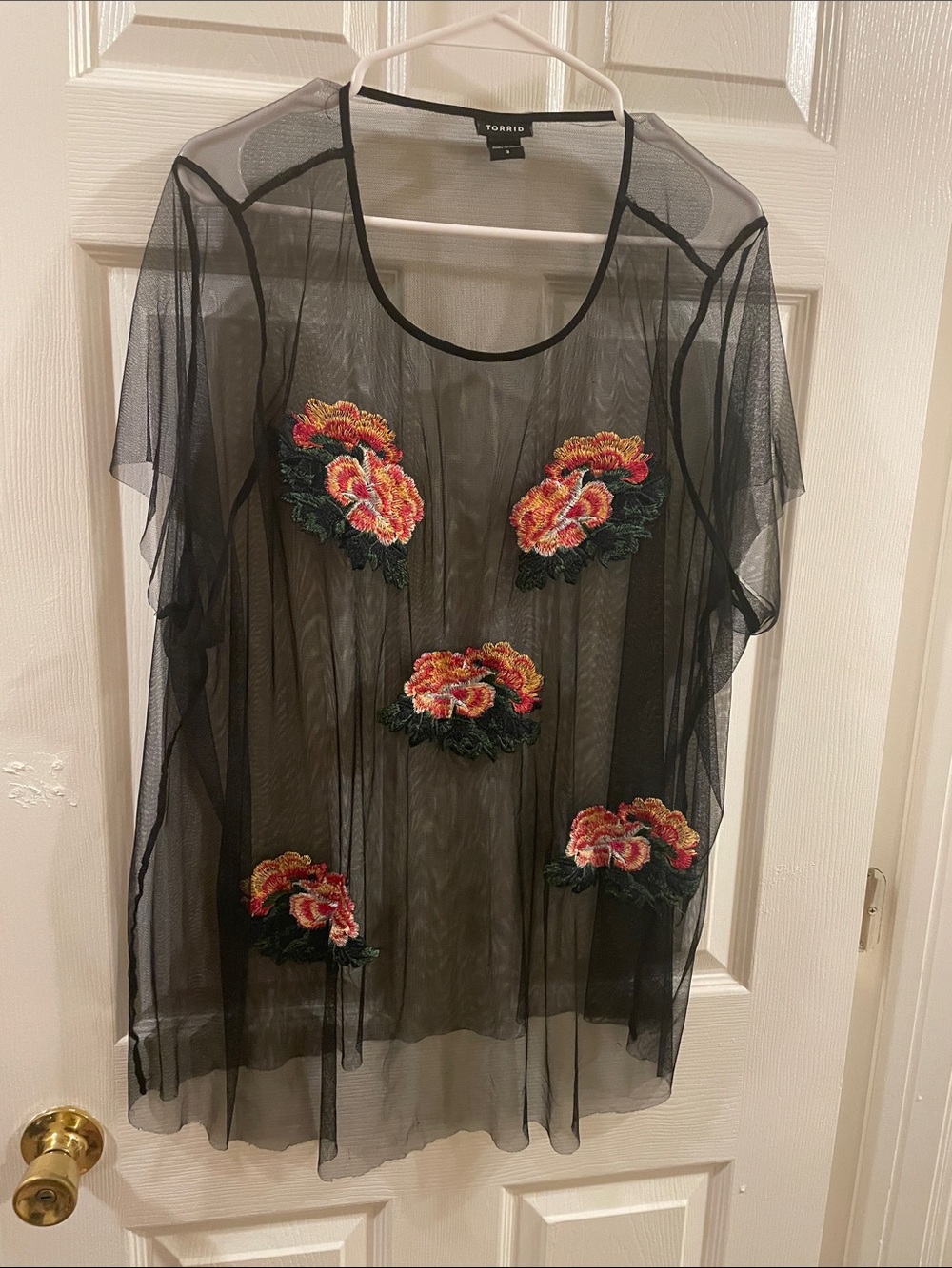 torrid 3X Black Sheer Mesh Short Sleeve Top with Floral Appliqués